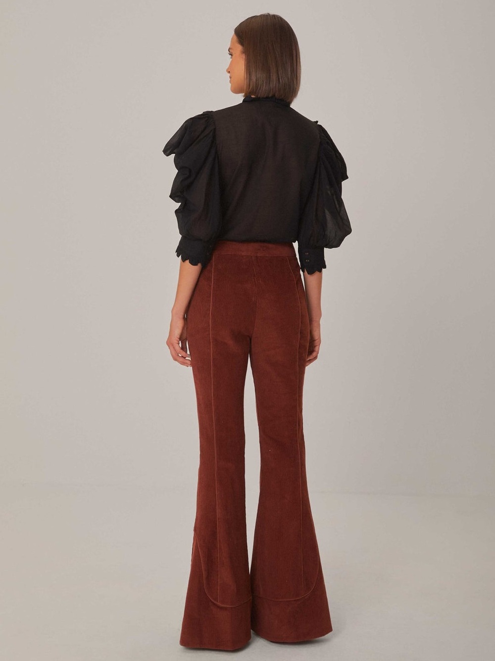 FARM Rio L Brown Corduroy Flare Pants  High Rise Button Detail Retro Wide Leg - Picture 2 of 15